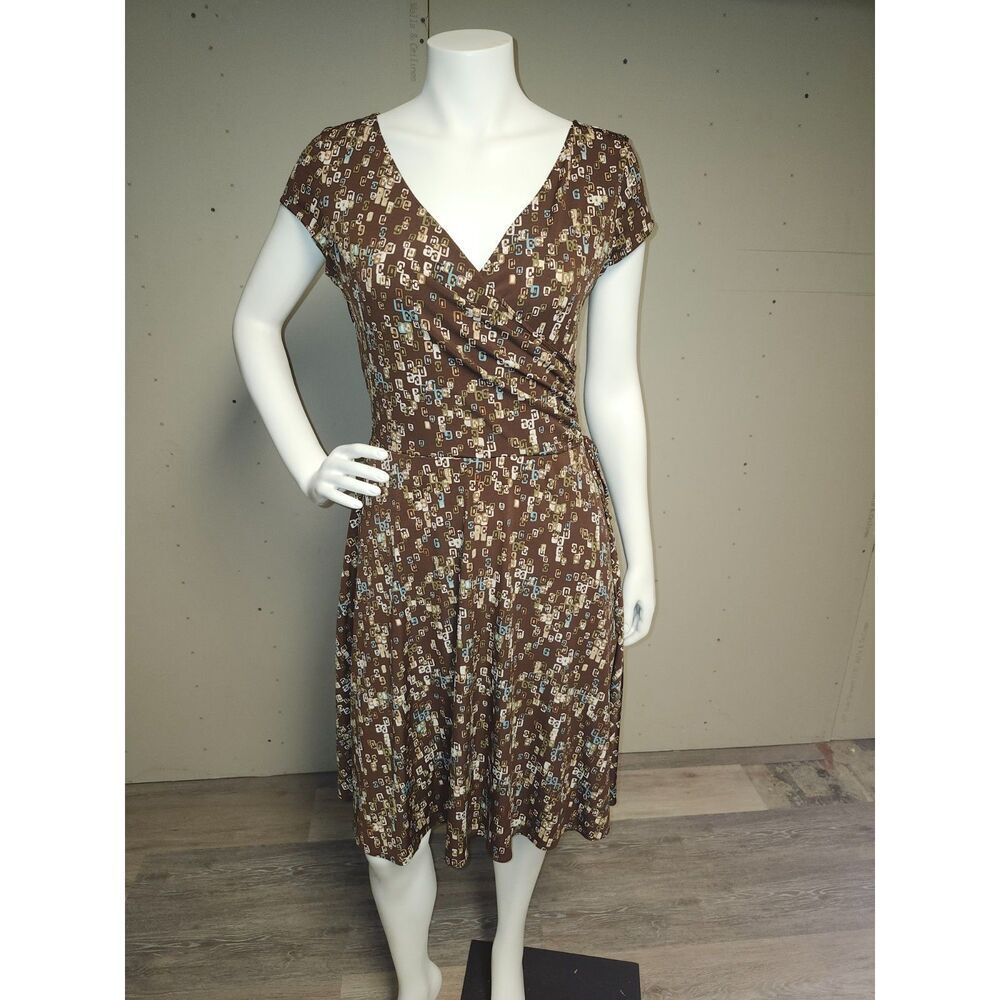 VTG 90s dBy Ltd Geometric V-Neck Dress Brown Blue Cap Sleeve Size 14